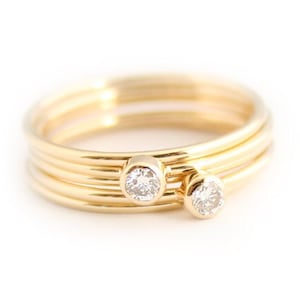 TWO 14k Diamond solid gold rings with THREE stacking rings, engagement ring, wedding ring, diamond ring, Handmade