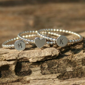 TWO Initial Bead Rings and ONE heart, Sterling silver, Hand stamped, Initials, Personalized ring, stacking rings