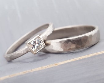 Raw personalized ring set, Moissanite - Wedding ring set - Raw - Matted - Hammered style wedding rings, wedding ring, matching rings