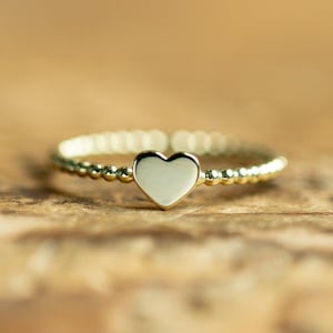 Personalized Dainty Heart ring, 14K solid gold, Stacking Ring, Hand stamped, Beaded ring, pinky ring, best friend ring, gift for mom image 1