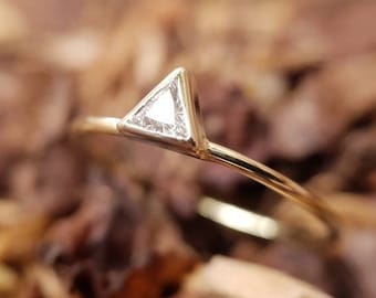 14k triangle Diamond ring - Diamond engagement ring - wedding ring, 14k solid gold, Handmade