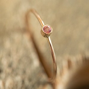 14K Solid Gold Rose Tourmaline Ring, Dainty Stacking Band