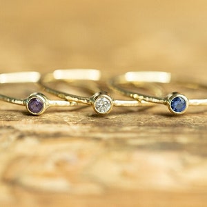 Personalized birthstone ring, ONE birthstone ring 14K solid Yellow, White or Rose Gold Hammered Stacking Ring with birthstone, dainty ring