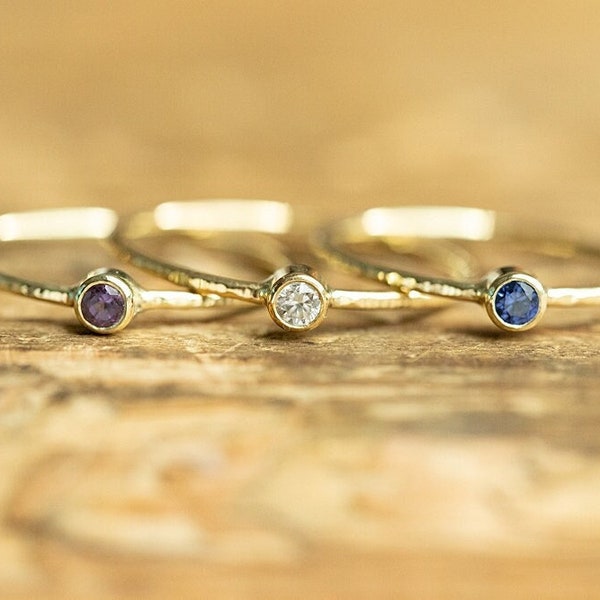 Personalized 14K Gold Birthstone Ring, Hammered Stacking Band