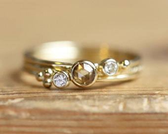 Champagne diamond ring set, 14k solid gold rings with rustic brown Diamond and small Diamonds