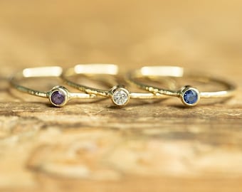 Personalized birthstone ring, ONE birthstone ring 14K solid Yellow, White or Rose Gold Hammered Stacking Ring with birthstone, dainty ring