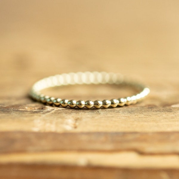 14kt Solid Gold Beaded Ring, Dainty Bohemian Jewelry