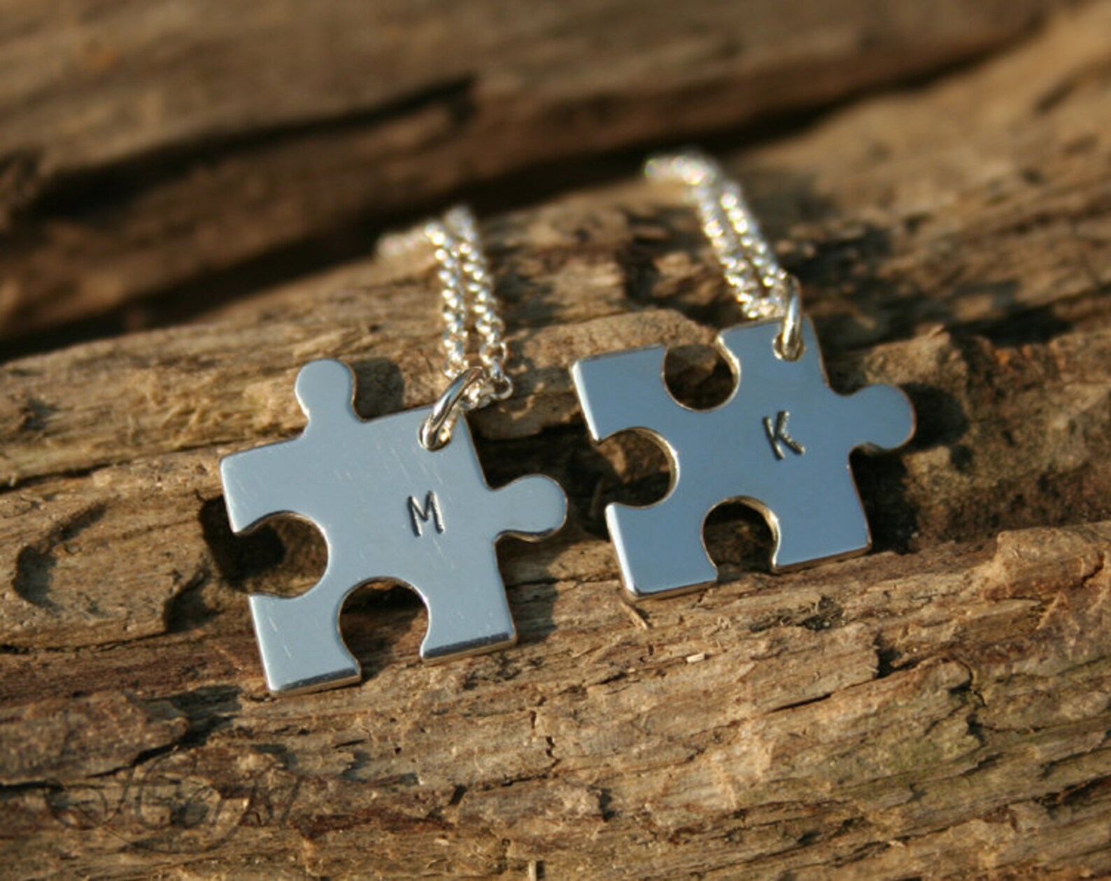 TWO Initial Puzzle Necklaces Hand Stamped Initials Letters Etsy