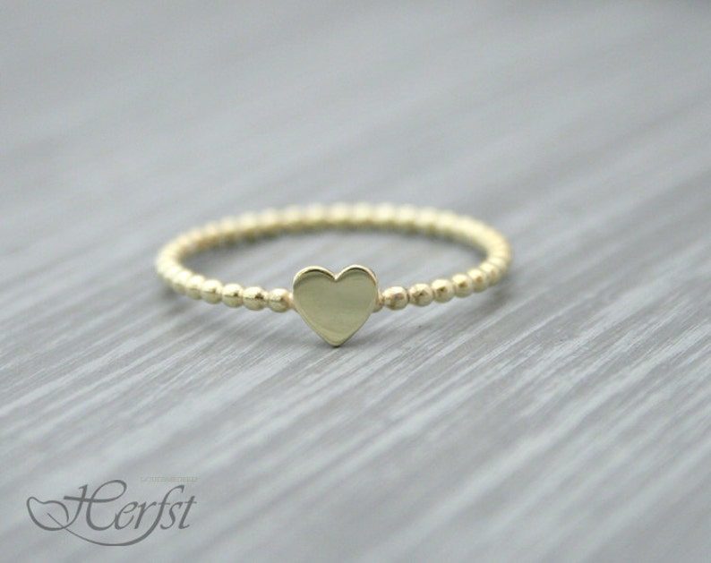 Personalized Dainty Heart ring, 14K solid gold, Stacking Ring, Hand stamped, Beaded ring, pinky ring, best friend ring, gift for mom image 6