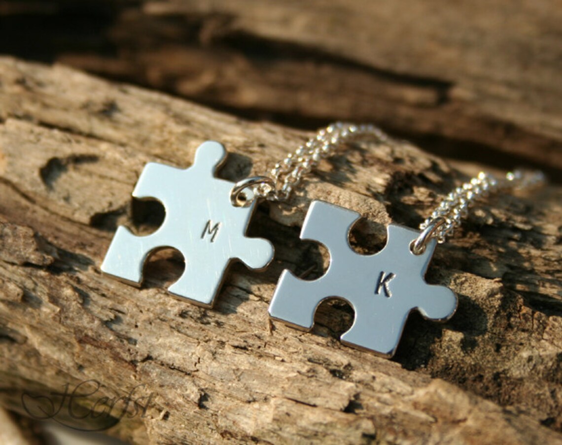 TWO Initial Puzzle Necklaces Hand Stamped Initials Letters Etsy