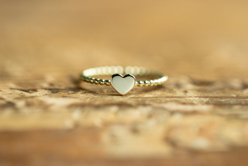 Personalized Dainty Heart ring, 14K solid gold, Stacking Ring, Hand stamped, Beaded ring, pinky ring, best friend ring, gift for mom image 1
