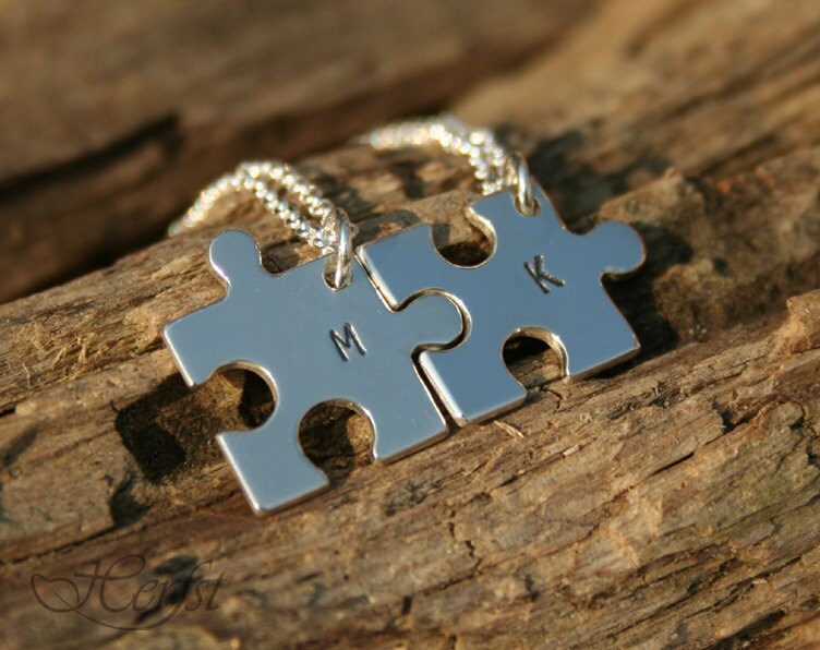 TWO initial puzzle Necklaces Hand stamped Initials Letters Etsy