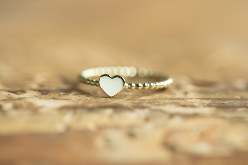 Personalized Dainty Heart ring, 14K solid gold, Stacking Ring, Hand stamped, Beaded ring, pinky ring, best friend ring, gift for mom image 2