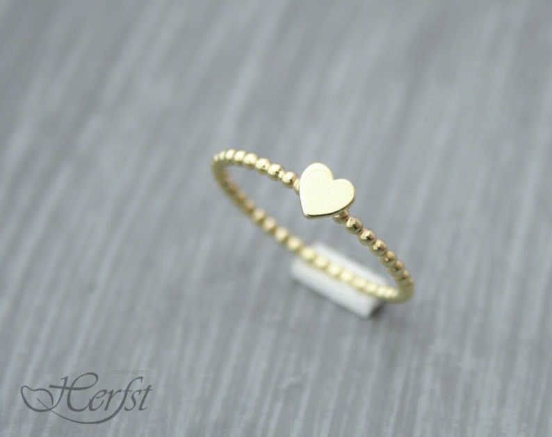 Personalized Dainty Heart ring, 14K solid gold, Stacking Ring, Hand stamped, Beaded ring, pinky ring, best friend ring, gift for mom image 5