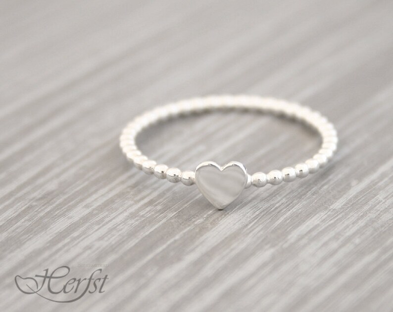 Personalized Dainty Heart ring, 14K solid gold, Stacking Ring, Hand stamped, Beaded ring, pinky ring, best friend ring, gift for mom image 7