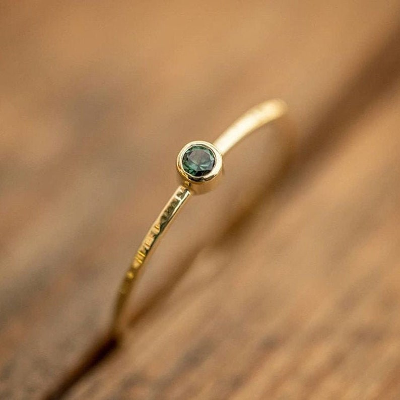 Minimalist ring, ONE dainty ring, personalized jewelry, hammered style ring with a real green Tourmaline image 1