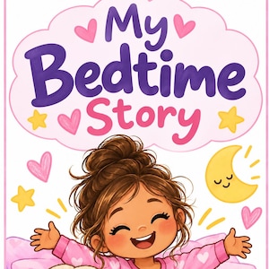 以下が含まれることがあります： 雲の形の中に「My Bedtime Story」という文字が書かれたカラフルなイラスト。お団子ヘアの子供がハート柄のピンクのパジャマを着て、星柄の紫色のベッドに座り、ウサギのぬいぐるみ、三日月、ハートが描かれています。