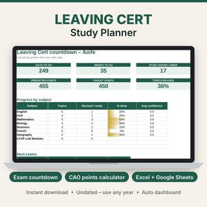 Op de afbeelding: Een digitale Leaving Cert studieplanner weergegeven op een laptopscherm. Het dashboard bevat een aftelling, studie-uren, voorspelde en doelpunten, en een voortgangstabel per vak, waaronder Engels, Iers, Wiskunde, Biologie, Bedrijfskunde en Aardrijkskunde.