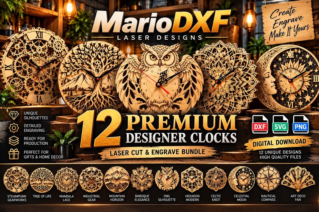 12 Laser Cut Wooden Clock Designs Bundle, DXF SVG PNG Files (digital ...
