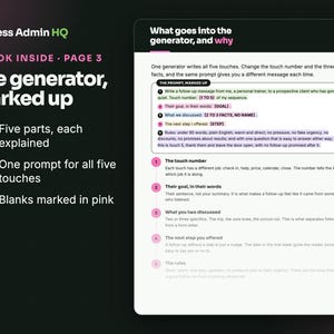 Puede incluir: Un documento digital titulado Less Admin HQ A Look Inside Page 3. El texto explica un generador con cinco partes, incluyendo n&uacute;meros de contacto, objetivos, puntos de discusi&oacute;n, pr&oacute;ximos pasos y reglas, resaltados en rosa.