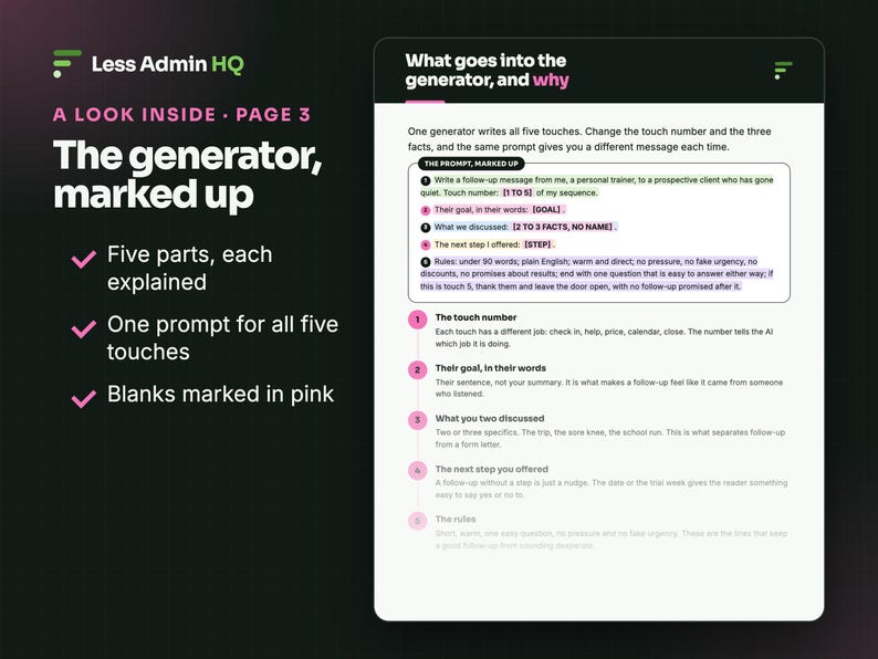 Puede incluir: Un documento digital titulado Less Admin HQ A Look Inside Page 3. El texto explica un generador con cinco partes, incluyendo n&uacute;meros de contacto, objetivos, puntos de discusi&oacute;n, pr&oacute;ximos pasos y reglas, resaltados en rosa.