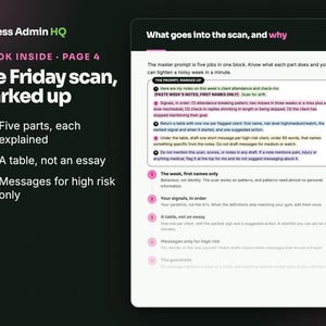 May include: An educational infographic titled Less Admin HQ A Look Inside Page 4 The Friday scan, marked up. It features a white document with black text explaining a five-part prompt system for client attendance, including a table and messaging.