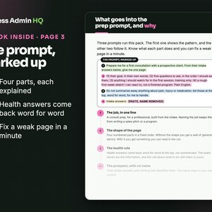 May include: A digital document titled Less Admin HQ A Look Inside Page 3 The prompt, marked up. It features text explaining prompt structures with four numbered points, pink and blue highlighted sections, and a list of benefits.
