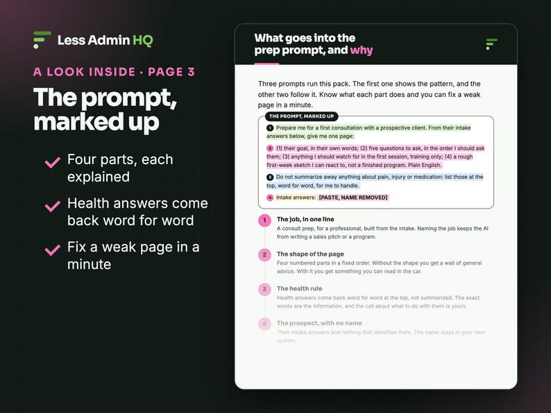 May include: A digital document titled Less Admin HQ A Look Inside Page 3 The prompt, marked up. It features text explaining prompt structures with four numbered points, pink and blue highlighted sections, and a list of benefits.