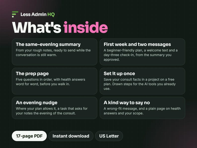 May include: A digital document titled Less Admin HQ What's inside, featuring six sections: The same-evening summary, First week and two messages, The prep page, Set it up once, An evening nudge, and A kind way to say no. Includes 17-page PDF, Instant download, and US Letter labels.
