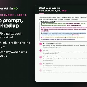 K&ouml;nnte beinhalten: Ein digitales Dokument mit dem Titel Less Admin HQ A Look Inside Page 5. Der Text erkl&auml;rt das markierte Prompt mit f&uuml;nf Teilen, einer Mischung aus Inhalten und einem Keyword-Beitrag pro Woche. Es enth&auml;lt eine detaillierte Anleitung.