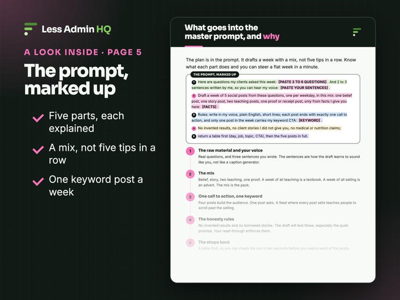 K&ouml;nnte beinhalten: Ein digitales Dokument mit dem Titel Less Admin HQ A Look Inside Page 5. Der Text erkl&auml;rt das markierte Prompt mit f&uuml;nf Teilen, einer Mischung aus Inhalten und einem Keyword-Beitrag pro Woche. Es enth&auml;lt eine detaillierte Anleitung.