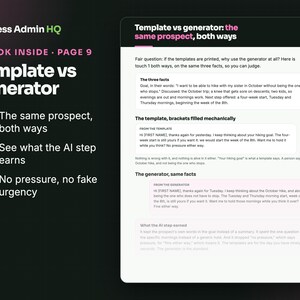 Puede incluir: Una p&aacute;gina de documento digital titulada Template vs generator: the same prospect, both ways de Less Admin HQ. Compara textos basados en plantillas y generadores, con vi&ntilde;etas, bloques de texto y marcas de verificaci&oacute;n rosas.