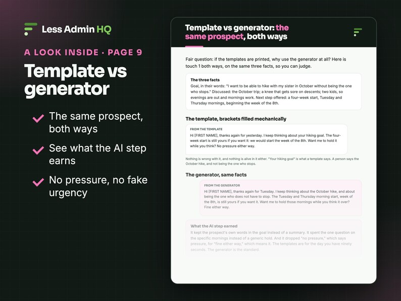 Puede incluir: Una p&aacute;gina de documento digital titulada Template vs generator: the same prospect, both ways de Less Admin HQ. Compara textos basados en plantillas y generadores, con vi&ntilde;etas, bloques de texto y marcas de verificaci&oacute;n rosas.