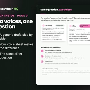 K&ouml;nnte beinhalten: Ein digitales Dokument mit dem Titel Less Admin HQ A Look Inside Page 9 und dem Text Two voices, one question. Es zeigt einen Vergleich zweier Textfelder mit der Beschriftung Your account, die allgemeine Ratschl&auml;ge mit Inhalten vergleichen.