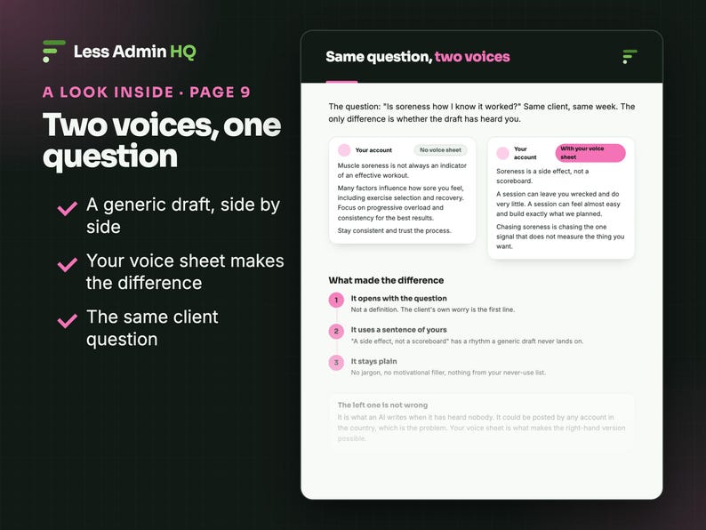 K&ouml;nnte beinhalten: Ein digitales Dokument mit dem Titel Less Admin HQ A Look Inside Page 9 und dem Text Two voices, one question. Es zeigt einen Vergleich zweier Textfelder mit der Beschriftung Your account, die allgemeine Ratschl&auml;ge mit Inhalten vergleichen.