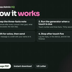 Puede incluir: Un gr&aacute;fico informativo negro titulado Less Admin HQ How it works, que detalla cuatro pasos: 1. Keep the three-facts note, 2. Run the generator when a touch is due, 3. Edit for voice, then send, 4. Stop after touch five. Incluye una etiqueta 16-page PDF.