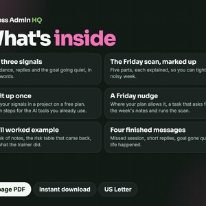 May include: A 15-page PDF document titled Less Admin HQ What's inside, featuring six sections: The three signals, The Friday scan, marked up, Set it up once, A Friday nudge, A full worked example, and Four finished messages. US Letter size.