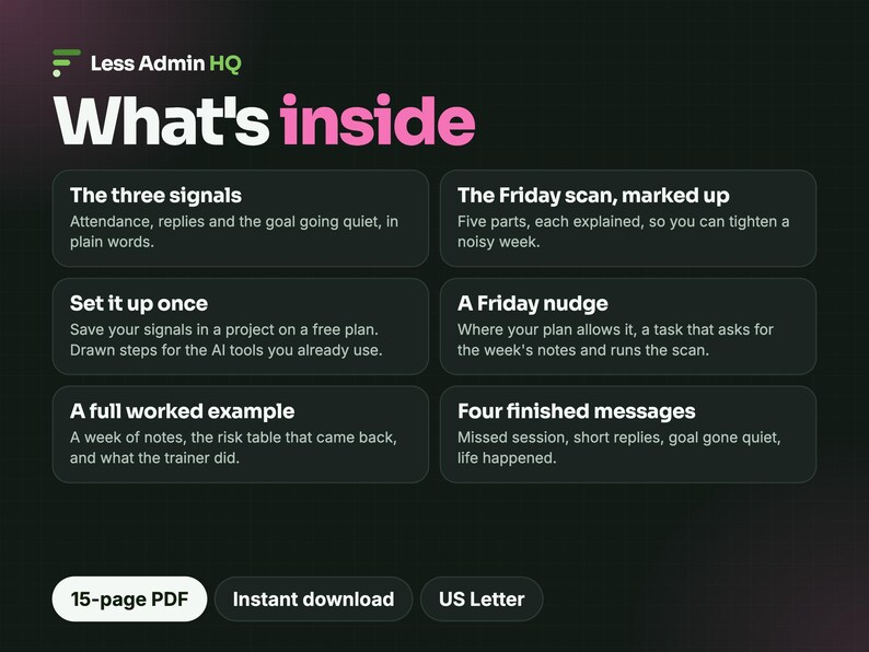 May include: A 15-page PDF document titled Less Admin HQ What's inside, featuring six sections: The three signals, The Friday scan, marked up, Set it up once, A Friday nudge, A full worked example, and Four finished messages. US Letter size.