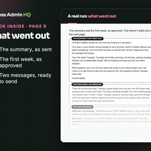 May include: A digital document titled A real run: what went out, featuring sections for The summary that went out, The first week, as approved, and The two messages. The text outlines a fitness plan with specific exercises and schedules.