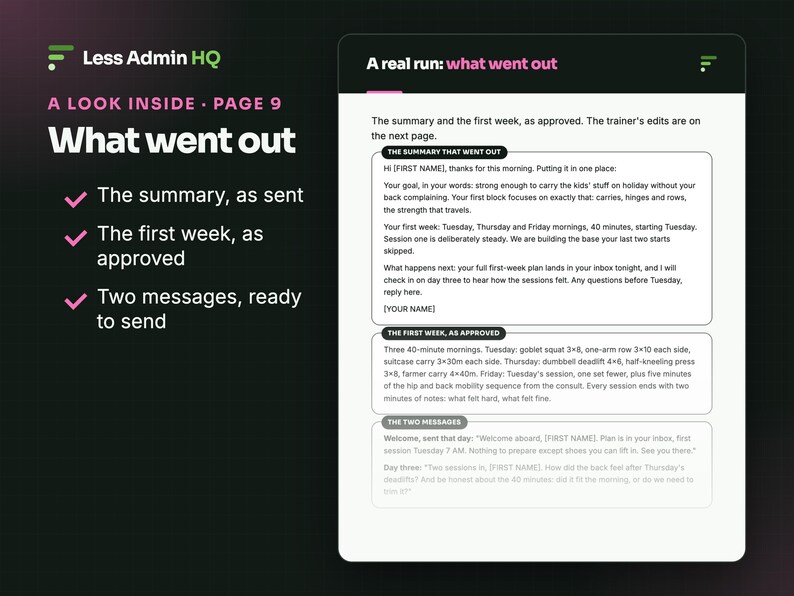 May include: A digital document titled A real run: what went out, featuring sections for The summary that went out, The first week, as approved, and The two messages. The text outlines a fitness plan with specific exercises and schedules.
