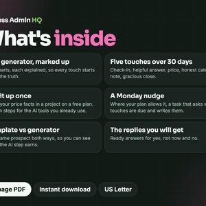 Puede incluir: Un documento digital titulado Less Admin HQ What's inside, que presenta seis secciones: The generator, marked up, Five touches over 30 days, Set it up once, A Monday nudge, Template vs generator y The replies you will get. Incluye 16-page PDF.