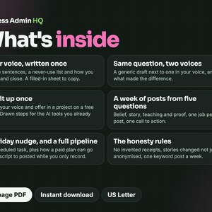K&ouml;nnte beinhalten: Ein digitales Dokument mit dem Titel Less Admin HQ What's inside, das sechs Abschnitte enth&auml;lt: Your voice, written once, Same question, two voices, Set it up once, A week of posts from five questions, A Friday nudge, and a full pipeline, und The honesty rules. Enth&auml;lt 18-page PDF, Instant download, US Letter.