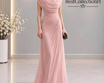 May include: A floor-length dusty pink gown featuring a draped cowl neckline and gathered fabric detailing along the side. The dress has a sleeveless design and a flowing skirt. The text BestCollectionH is visible in the upper right corner.