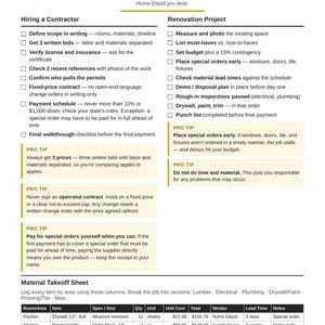 Op de afbeelding: Een gedrukt document getiteld Homeowner's Pack Contractor Checklists. Het bevat secties voor het inhuren van een aannemer, renovatieprojecten en een tabel voor materiaaloverzichten met kolommen voor ruimte, item, specificatie, hoeveelheid, kosten en leverancier.
