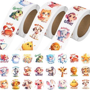May include: Three rolls of adhesive stickers featuring various cartoon animals including a turtle, crab, shark, cat, dog, chick, monkey, elephant, lion, zebra, fox, koala, giraffe, tiger, cow, pig, rabbit, sheep, and starfish with text.