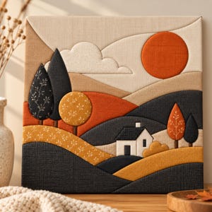 May include: A square fabric wall art piece featuring a landscape scene with a white house, rolling hills, and trees in shades of orange, yellow, dark gray, and cream. The design uses layered textile patches with stitched details and a sun.