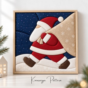 May include: A square Kinusaiga pattern wall art piece featuring a fabric-covered Santa Claus in a red suit with white trim, carrying a large beige sack with white snowflake prints against a dark blue starry night sky background.