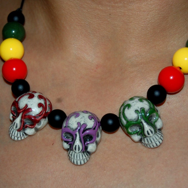 Shipwreck Masked Skulls Rasta Colors Beads Necklace