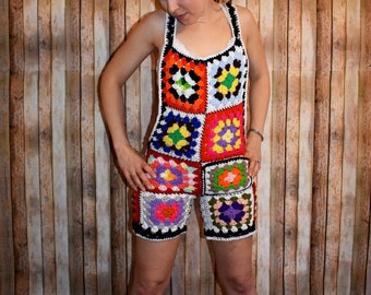 Crochet Granny Square Overall Shorts, Crochet PatchWork Overalls, Festiva.....