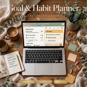Puede incluir: Un ordenador portátil que muestra un panel de control Goal & Habit Planner con barras de progreso, rastreadores de hábitos y tareas semanales. La pantalla muestra texto que incluye October Goals, Morning Hydration 2L y Meal Prep for Week. Un cuaderno con un bolígrafo dorado está cerca.